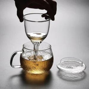 14oz hammered glass tea infuser mug full set with filter lid and saucer