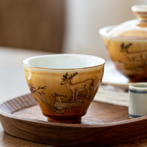 full collection of three hand-painted deer ceramic gongfu tea bowls