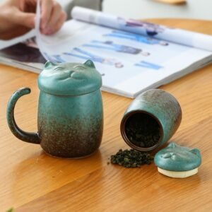 full set of handcrafted ceramic cat tea infuser mug and matching tea canister