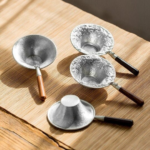 Handcrafted tin-plated tea strainer spoon with wood handle full product display