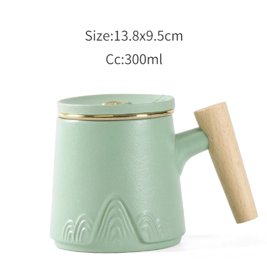 Jade Green variant ceramic tea infuser mug with wood handle