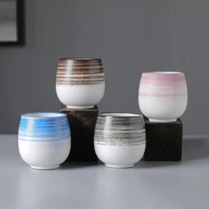 full collection of four rustic japanese style ceramic tea cups