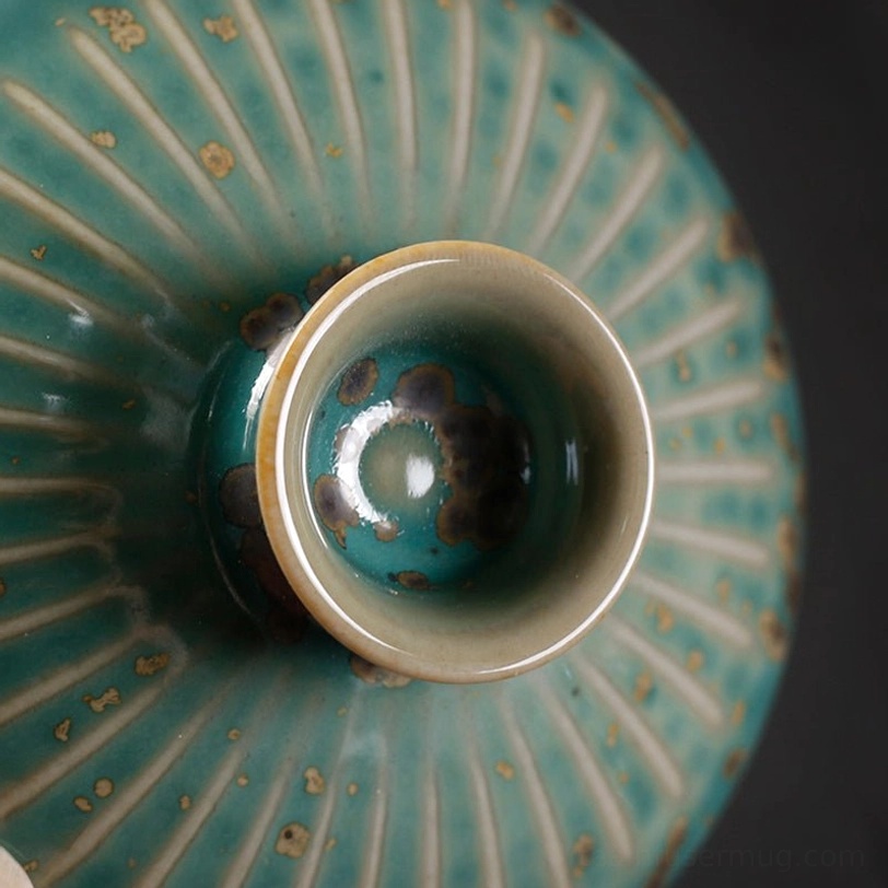 top view of open jun kiln gaiwan tea bowl showing light interior