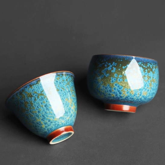 Close-up of natural kiln glaze texture on Jun Kiln Chinese tea cup