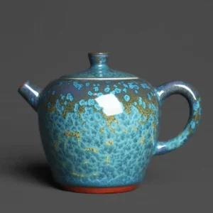 full view of 210ml jun kiln turquoise blue ceramic teapot with infuser