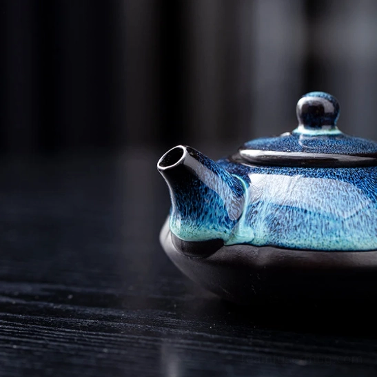 back view of unique kiln changed Jian Zhan gongfu teapot