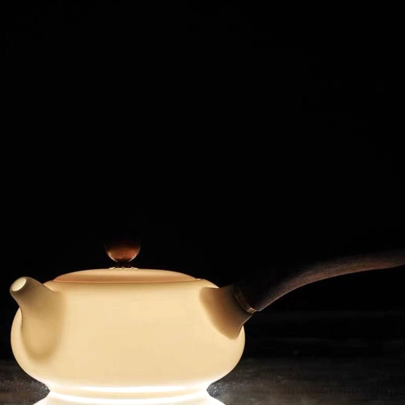 close-up of wooden side handle and textured wooden lid knob of kyusu teapot
