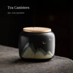 landscape print ceramic tea storage canister with metal lid front view