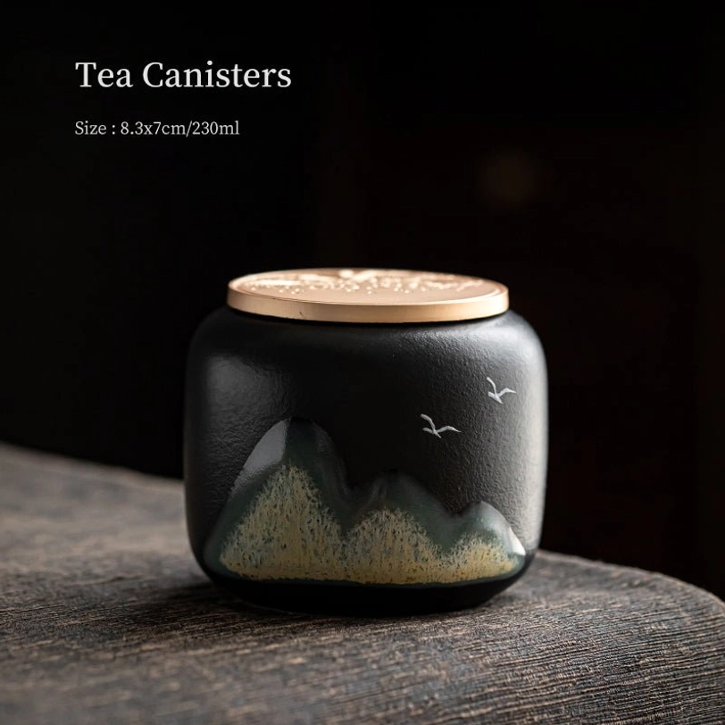 landscape print ceramic tea storage canister with metal lid front view