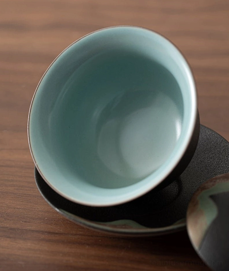 side profile of landscape ceramic gaiwan tea bowl