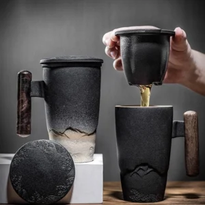 full product view of 12oz gradient landscape relief ceramic tea infuser mug with strainer and wood handle