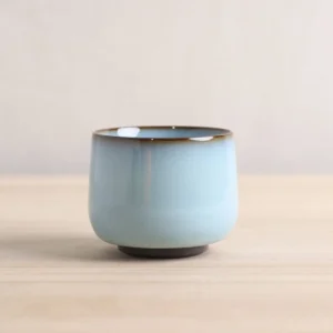 full side view of light blue ceramic Chinese tea cup with ancient coin base