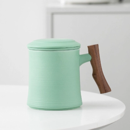 13oz light green ceramic tea mug with wooden handle and infuser