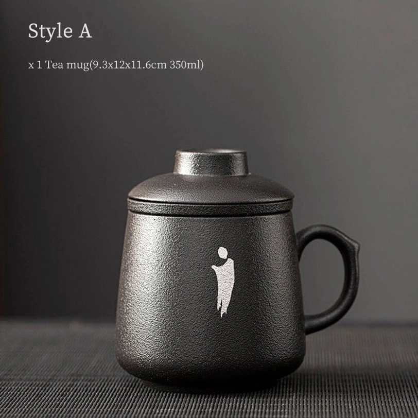 lotus design matte black ceramic tea infuser mug with traditional chinese painting