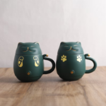 full product view of lucky cat ceramic tea cup with infuser 300ml deep green