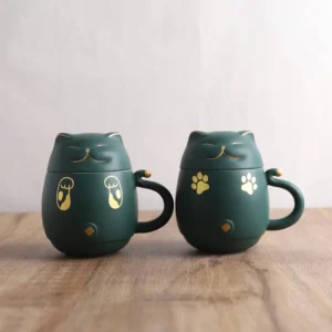 full product view of 10oz deep green lucky cat ceramic tea infuser mug