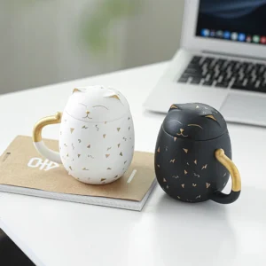 main view of lucky cat ceramic tea infuser mug with lid