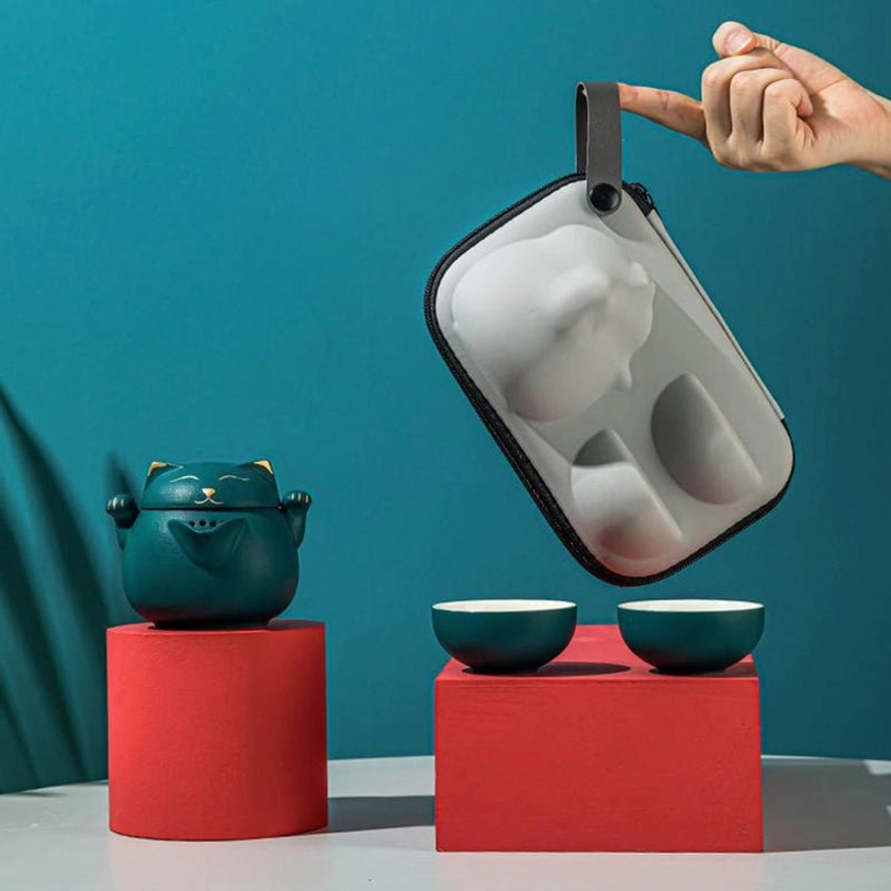 lucky cat travel tea set inside protective hard carrying case