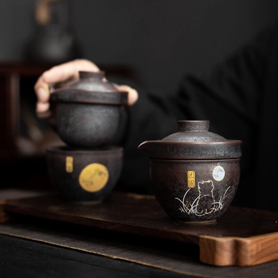 Ceramic drinking cup with matching cat pattern for 115ml travel tea set