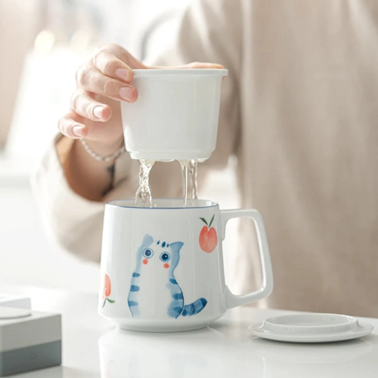 matching ceramic lid for 12oz 360ml cat peach tea infuser mug