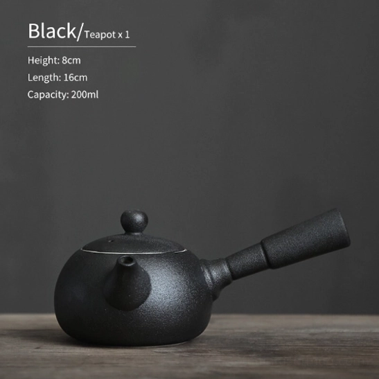 matte black kyusu teapot with matching ceramic candle heating base