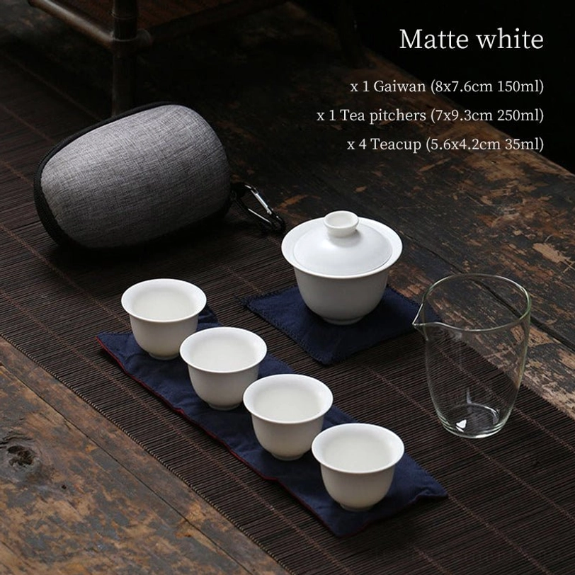 Matte white ceramic travel tea set full view