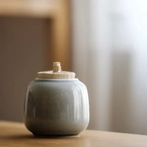 Front view of muted gray-green mini ceramic tea storage canister with wood lid