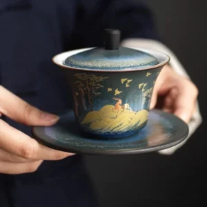 Modern blue green gradient ceramic gaiwan tea cup with golden deer landscape design