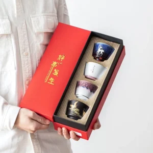 full set of 4 modern chinese porcelain kung fu tea cups in red gift box
