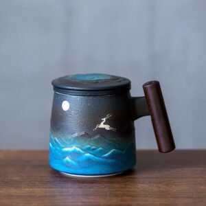 full product view of 14.5oz moon deer ceramic tea infuser mug with wood handle