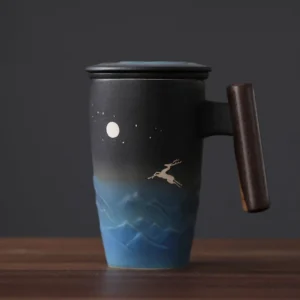 13.5oz moon deer ceramic tea infuser mug with lid and wooden handle main view