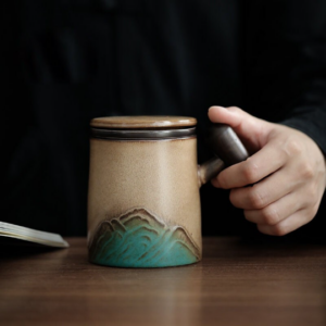 Handcrafted mountain ceramic tea infuser mug 260ml full product view