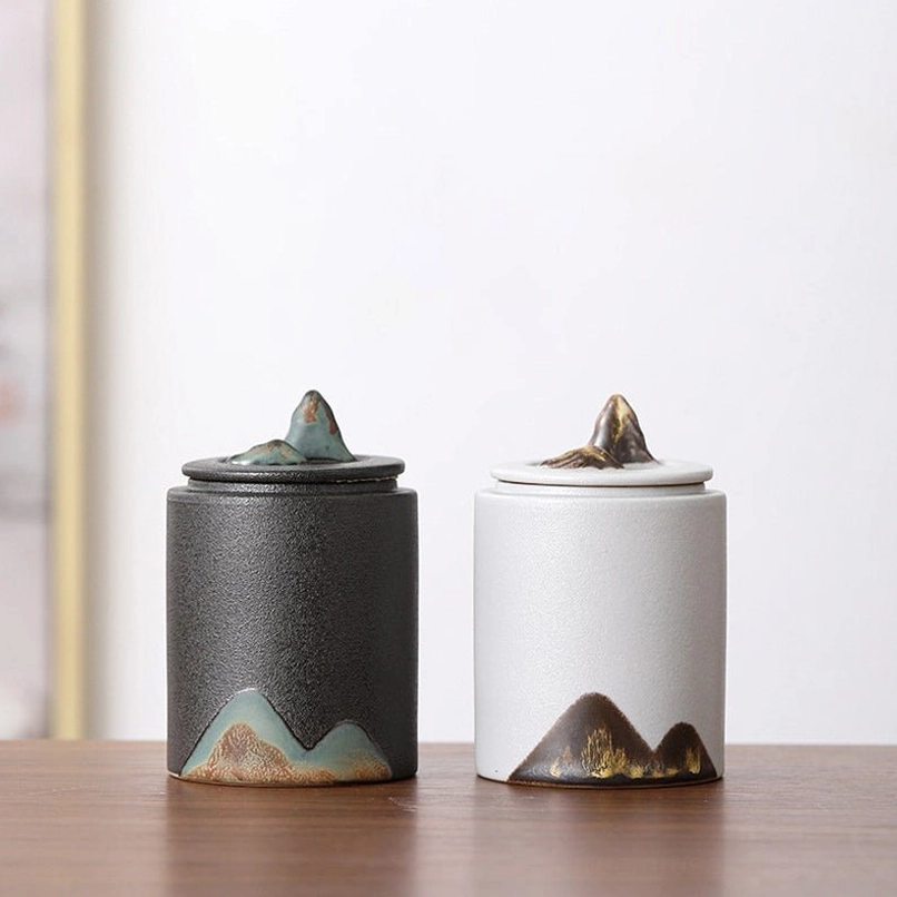 mountain design ceramic tea storage caddy main view