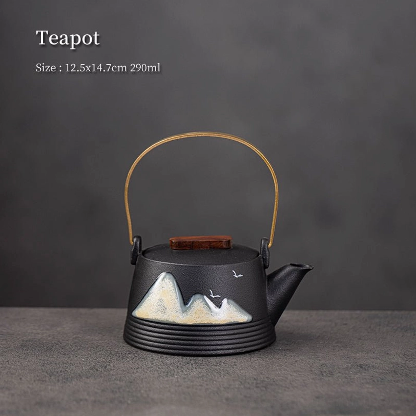 290ml mountain design ceramic teapot with metal handle side view