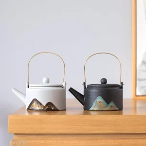 mountain pattern ceramic teapot with infuser full product view
