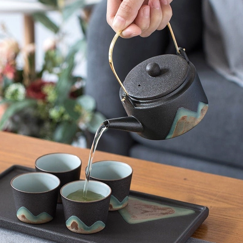 close up of mountain pattern on ceramic teapot body