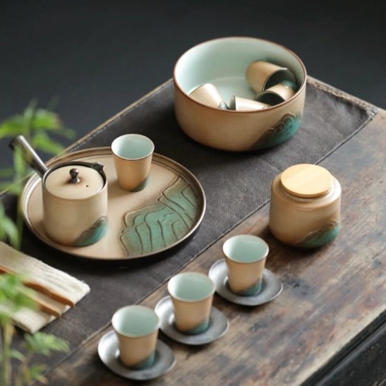 mountain relief ceramic tea canister matching with full tea set