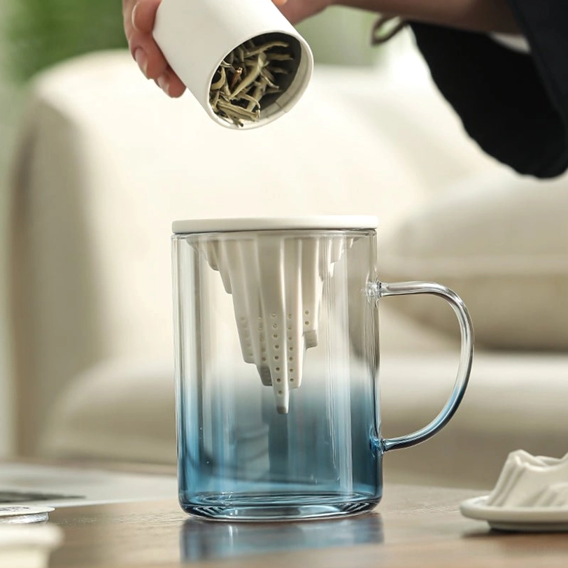 close up of mountain shaped ceramic tea infuser for glass tea mug