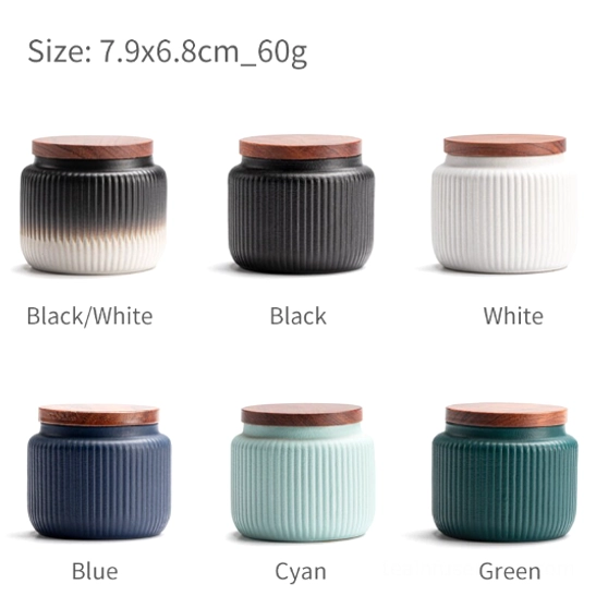 collection of multi-color ceramic tea storage canisters with wood lids