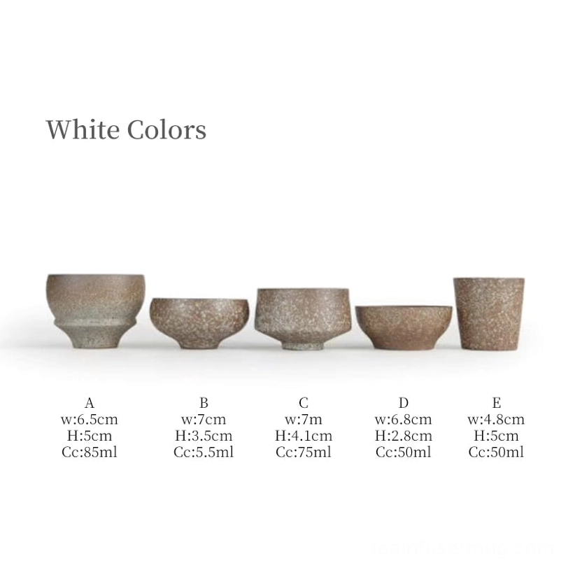 multiple size variations of chinese rough clay tea cups with dimension labels