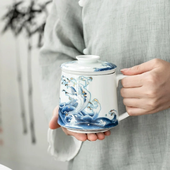 top view of 13oz ocean wave ceramic tea infuser mug opening