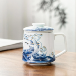full view of 390ml blue ocean waves ceramic tea mug with strainer and lid
