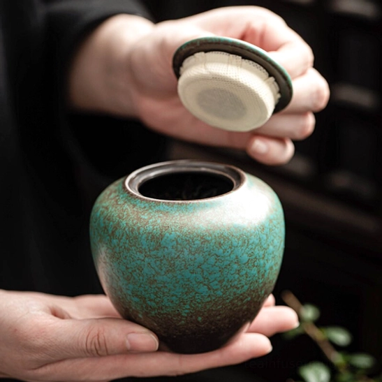 open 300ml ceramic tea canister showing inner sealing gasket