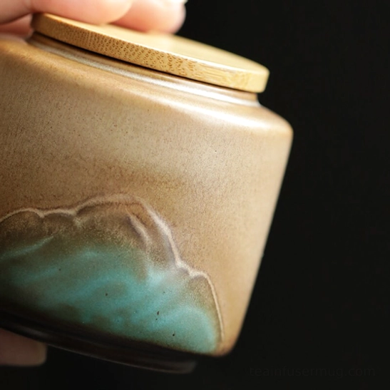 open ceramic tea storage canister showing inner glaze
