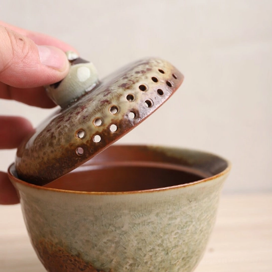 Open lid view of crackle glaze ceramic gaiwan tea bowl