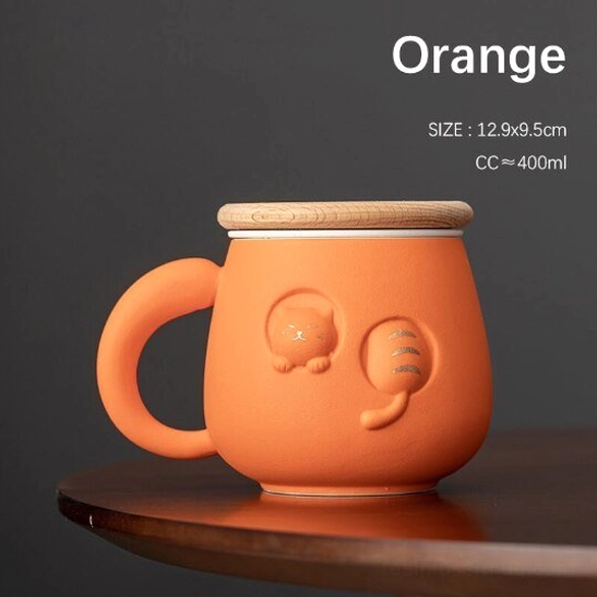 orange 3d cat ceramic tea infuser mug with infuser and wood lid