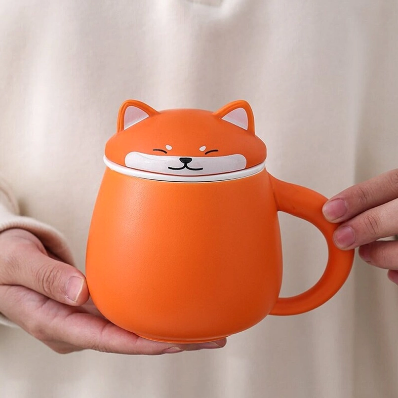 Full view of orange Shiba Inu ceramic tea infuser mug with lid