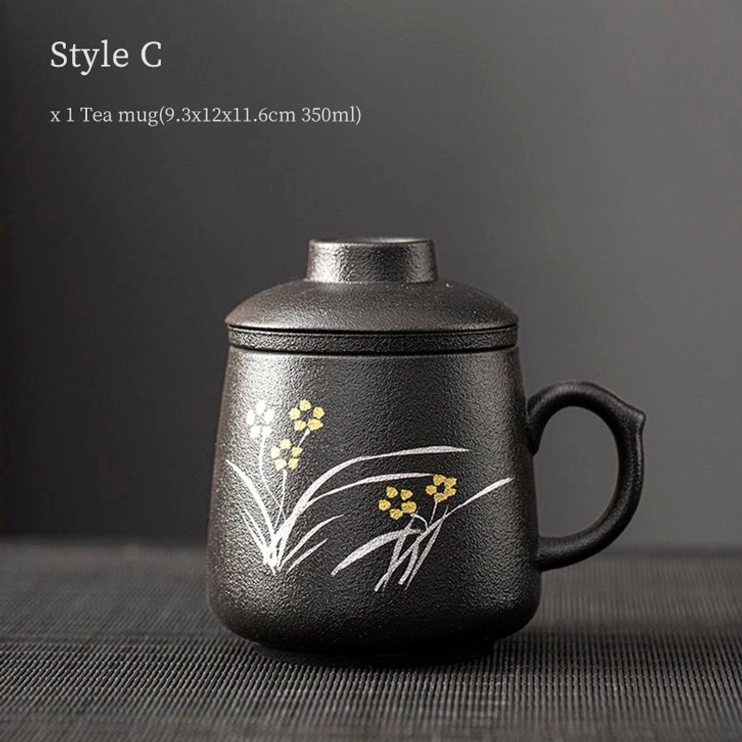 orchid design matte black ceramic tea infuser mug with traditional chinese painting