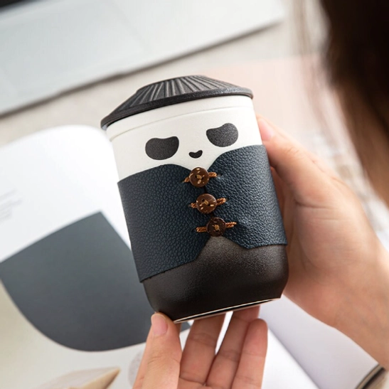 Panda face design on kaolin ceramic travel tea infuser mug