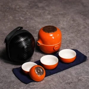 Full complete persimmon ceramic travel tea set with carrying bag